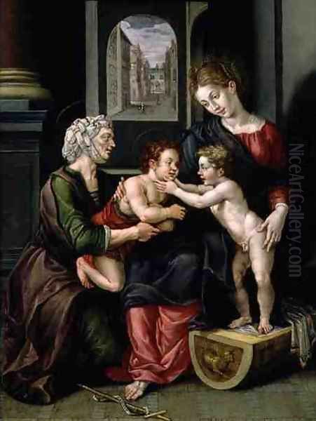 Virgin and Child with the Infant St. John the Baptist and St. Anne Oil Painting by Hendrick De Clerck