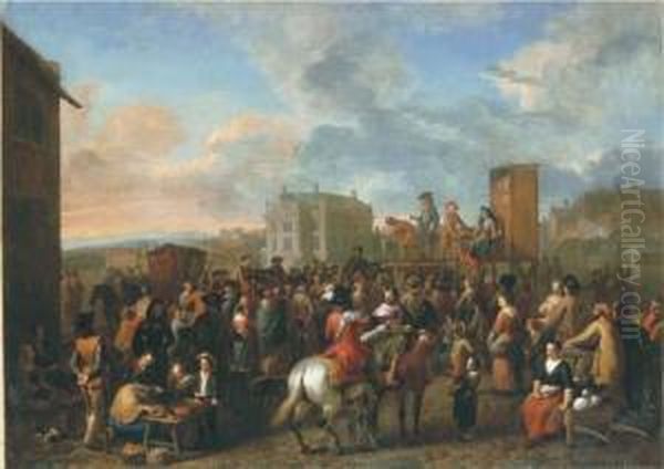 A Market Scene With A Commedia Dell'arte Performance Oil Painting by Gerard Hoet