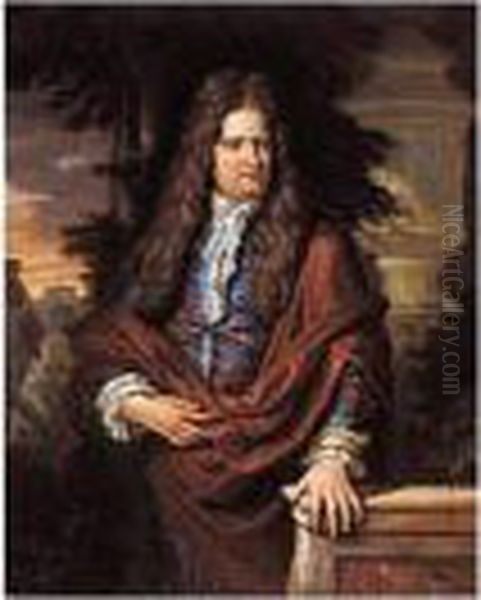 Portrait Of A Gentleman In A 
Blue Coat And A Maroon Cloak, His Hand Upon A Marble Balustrade Oil Painting by Gerard Hoet