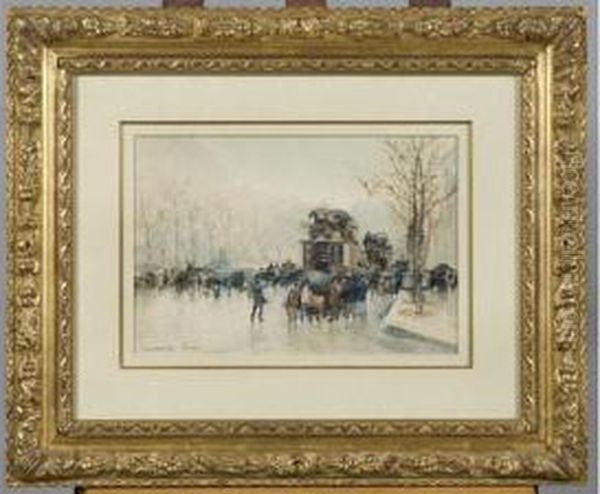 Boulevards Parisiens Sous La Pluie Dessin A L Aquarelle Et Aulavis Oil Painting by Emile Hoeterickx