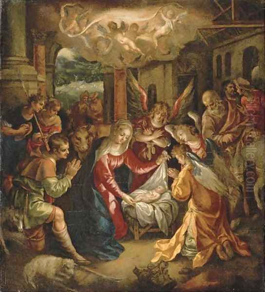 The Adoration of the Shepherds with the Annunciation to the Shepherds beyond Oil Painting by Hendrick De Clerck