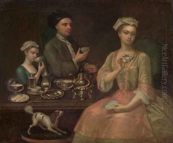 A Family of Three at Tea, c.1727 Oil Painting by Richard Collins