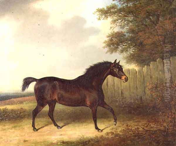 A dark bay stallion in a landscape Oil Painting by Henry Bernard Chalon