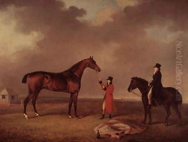 Bay Horse with groom on Newmarket Heath Oil Painting by Henry Bernard Chalon