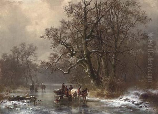 Loggers On A Frozen Waterway Oil Painting by Heinrich Hofer