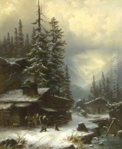 Hufschmiede In Winterlicher
 Gebirgslandschaft. Oil Painting by Heinrich Hofer