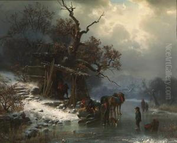 A Winter Landscape With Figures On A Frozen River Oil Painting by Heinrich Hofer