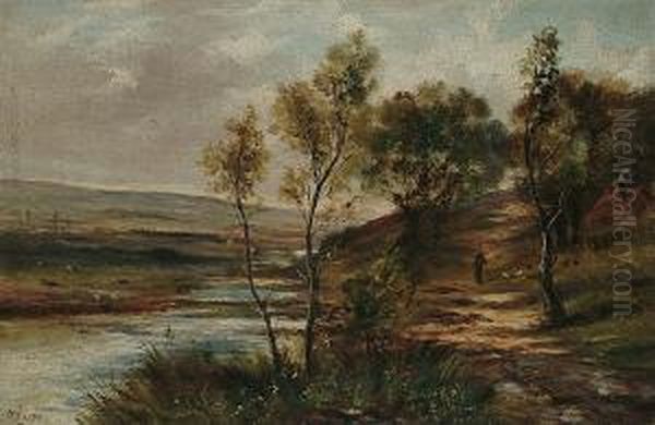 Rural Landscape With Figures And Chickens By A River Oil Painting by Rayner Hoff