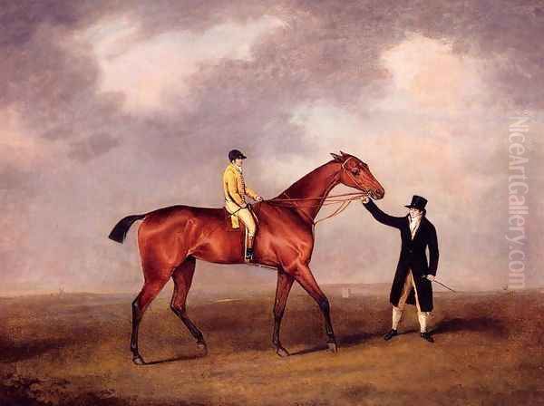 Lord Grosvenor's Violante With Frank Buckle Up, Held By A Groom On A Racecourse Oil Painting by Henry Bernard Chalon