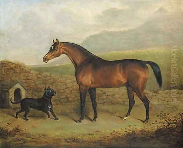 The Sligo Waxy, a bay racehorse, with a Manchester terrier, in a field Oil Painting by Henry Bernard Chalon