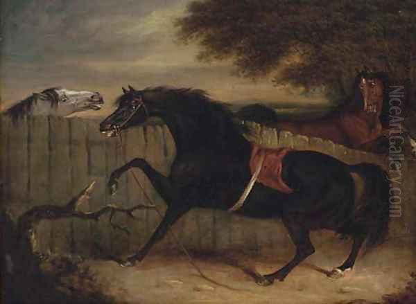 The stallion Smolensko with a grey mare and another horse by a fence Oil Painting by Henry Bernard Chalon