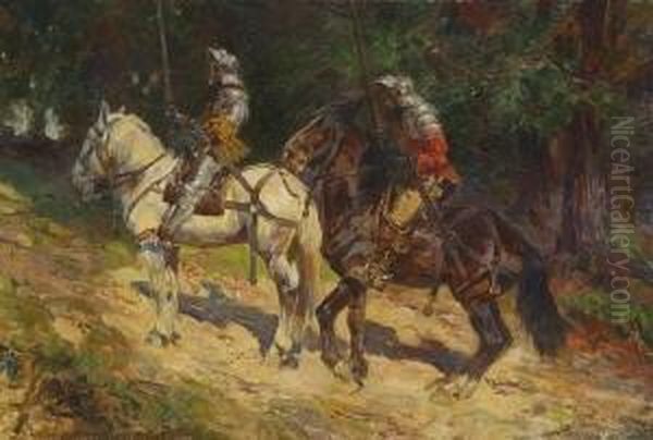 Zwei Ritter Zu Pferd. Oil Painting by Anton Hoffmann