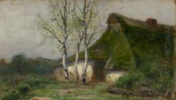 Reetgedecktes Haus Mit Birken Oil Painting by Franz Hoffmann-Fallersleben