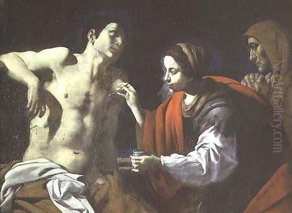 St. Sebastian Nursed by St. Irene Oil Painting by Giovanni Battista Caracciolo