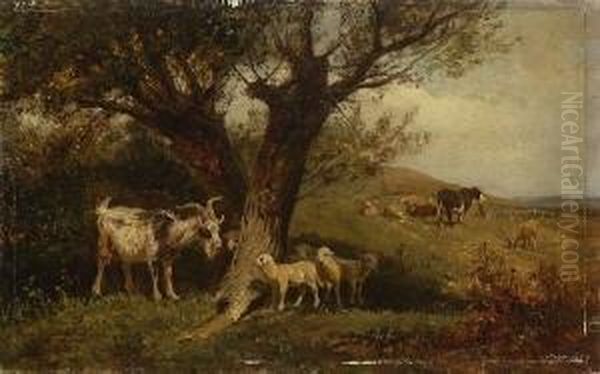 Ziege Und Lammer Unter
 Baumen Oil Painting by Johann Baptist Hofner