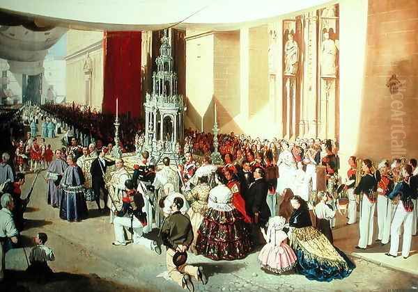 Procession of Corpus Christi in Seville Oil Painting by Manuel Cabral Cabral y Aguado Bejarano