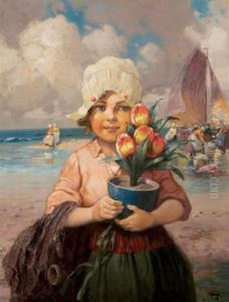 Dutch Flower Girl Oil Painting by Rudolf Alfred Hoger