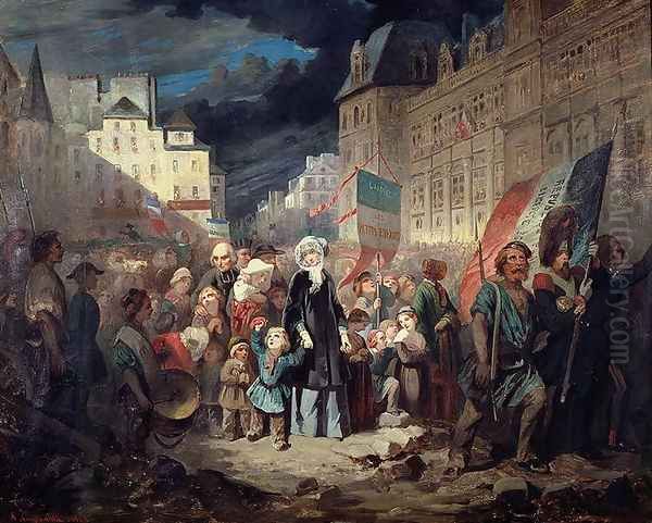 Madame Lamartine adopting the children of patriots killed at the barricades in Paris during the Revolution of 1848, 1848 Oil Painting by Francois Claudius Compte-Calix