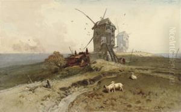 Windmills In A Landscape Oil Painting by Charles Hoguet