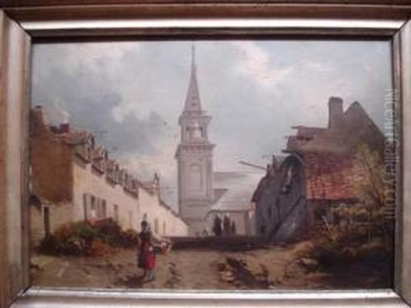 Rue De Village Anime De Promeneurs Et D'une Jeune Fille Tenant Un Panier De Linge Oil Painting by Charles Hoguet