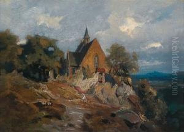 Mountain Landscape With A Chapel At High Altitude Oil Painting by Charles Hoguet