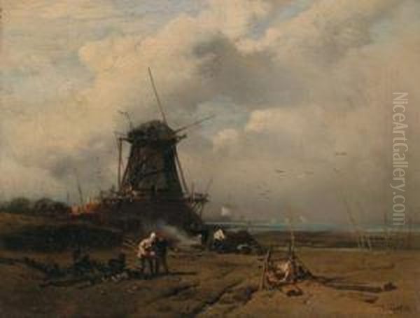 Beach Scene With Windmill Oil Painting by Charles Hoguet