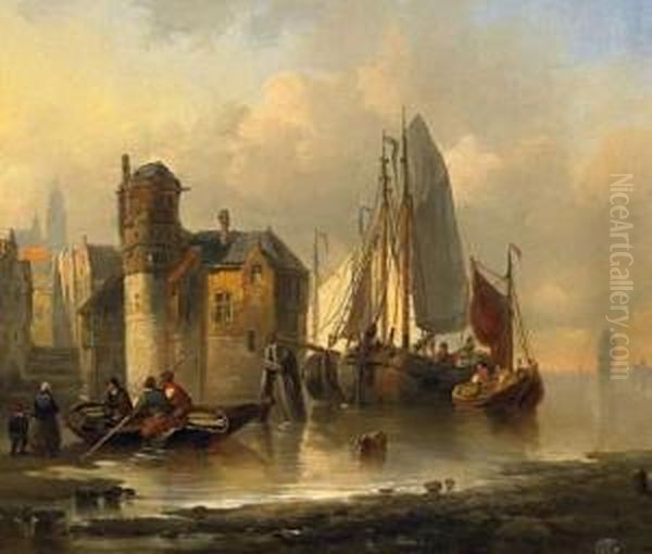 In A Flemish Harbour Oil Painting by Charles Hoguet