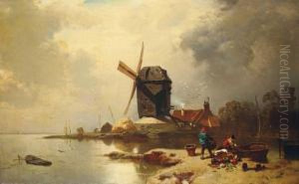 Seelandschaft Mit Muhle Und Fischern. Oil Painting by Charles Hoguet