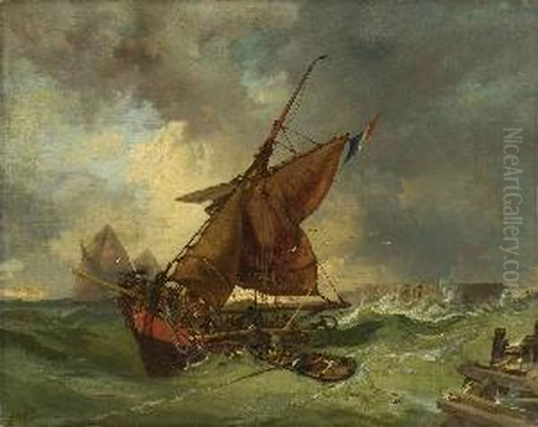 Segelschiffe An Sturmischer
 Kuste. Oil Painting by Charles Hoguet