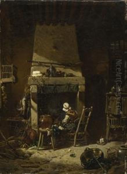 Bauerin Mit Kleinem Kind In Der
 Kuche. Oil Painting by Charles Hoguet