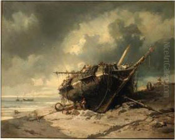 Dismantling A Beached Shipwreck Oil Painting by Charles Hoguet