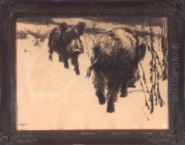 Zwei Wildschweine Auf Futtersuche Im Winter Oil Painting by Ludwig Hohlwein