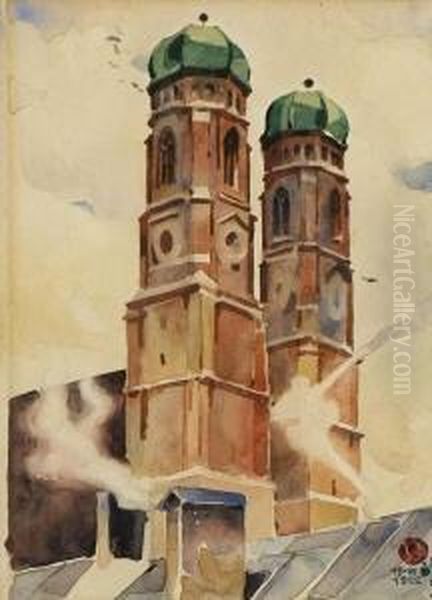 Munchener Frauenkirche. 1932 Oil Painting by Ludwig Hohlwein