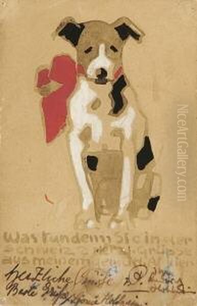 Hund Mit Roter Schleife.
 (postkarte) Oil Painting by Ludwig Hohlwein