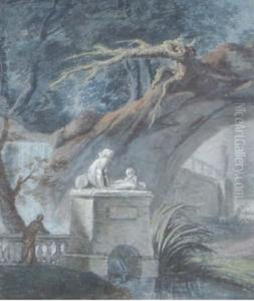 A Figure In An Elegant Garden; Also A Drawing By Another Hand Oil Painting by Claude Jean-Bapt. Hoin