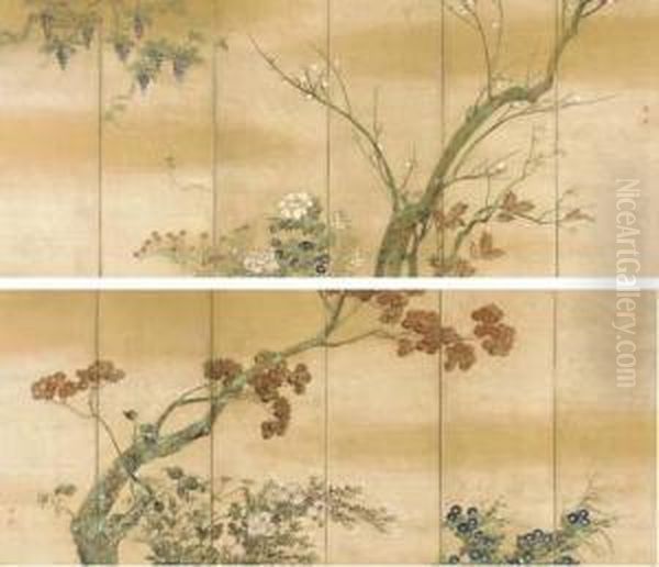 Flowers In The Four Seasons Oil Painting by Sakai Hoitsu