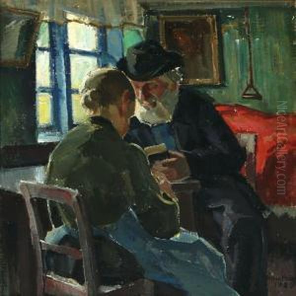 Peasantry Interior Withreading Man And Sitting Woman Oil Painting by Niels Holbak