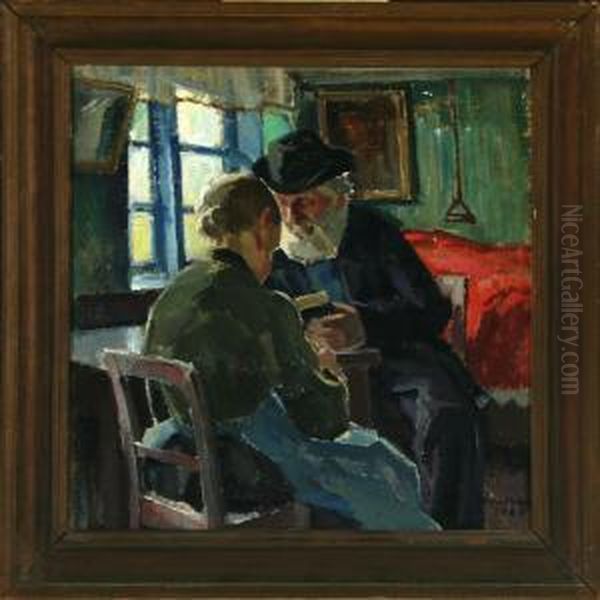 Peasantry Interior With Reading Man And Sitting Woman Oil Painting by Niels Holbak