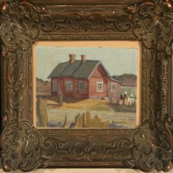 Farmhouse Exterior, View Over Vejle And Harvest Scenery Oil Painting by Niels Holbak