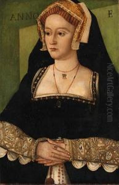 Portrait Of Elizabeth Hart, Of 
Lullingstone Castle, Kent,three-quarter-length, In A Black With White 
Dress With Brocadedsleeves, Wearing An Ornate Headress Oil Painting by Hans Holbein the Younger