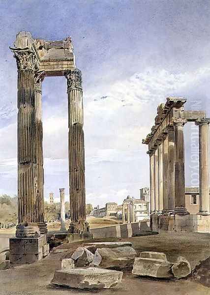 The Temples of Vespasian and Saturn, with the Temple of Castor Beyond, the Forum, Rome Oil Painting by Thomas Hartley Cromek