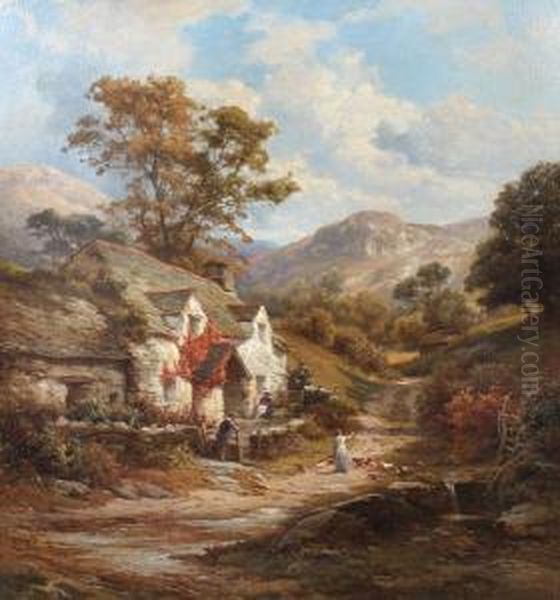 Stone Cottage In A Hilly Landscape, With Figures Before On A Country Track Oil Painting by Edward Henry Holder