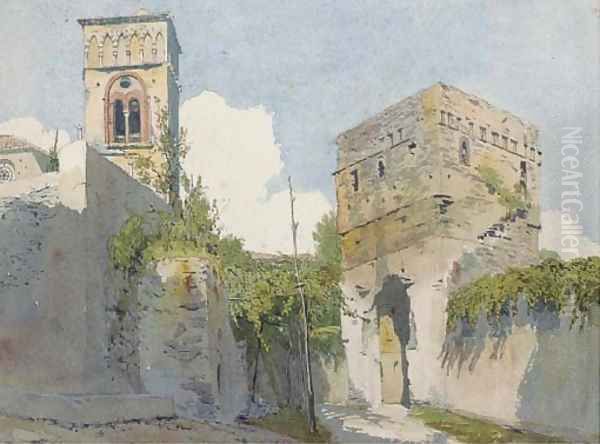 A gateway to an Italian town, a church beyond Oil Painting by Thomas Hartley Cromek