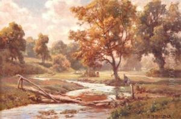 River Landscape With Broken Wooden Bridge Oil Painting by Edward Henry Holder