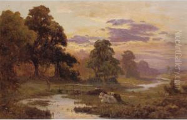 Cattle Grazing At Sunset; Fishing On The River Oil Painting by Edward Henry Holder