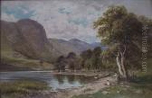 A Motherand Daughter By A Lake In A Hilly Landscape Oil Painting by Edward Henry Holder