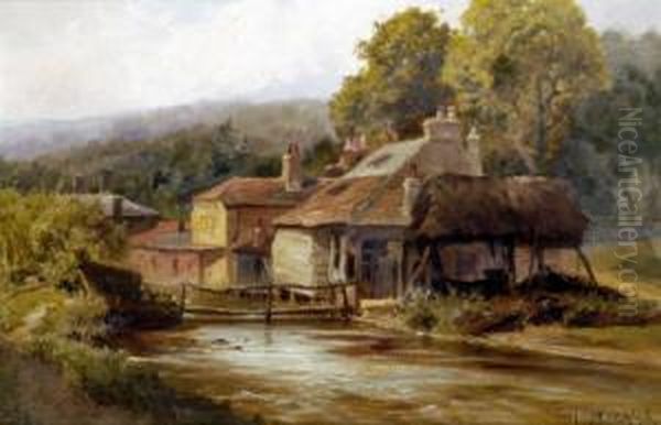 Riverside Rustic Cottage And Bridge Oil Painting by Edward Henry Holder