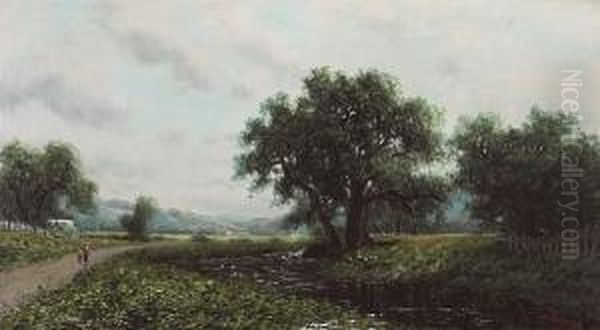 Summer Stream With Figures Walking Nearby, Thought To Be Sacramento Valley Oil Painting by Ramsome Gillet Holdredge