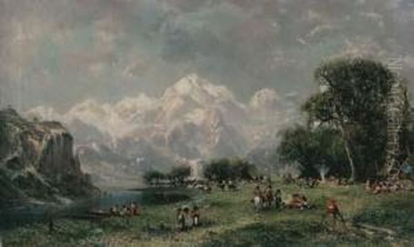 Sioux Encampment In The Rocky Mountains Oil Painting by Ramsome Gillet Holdredge