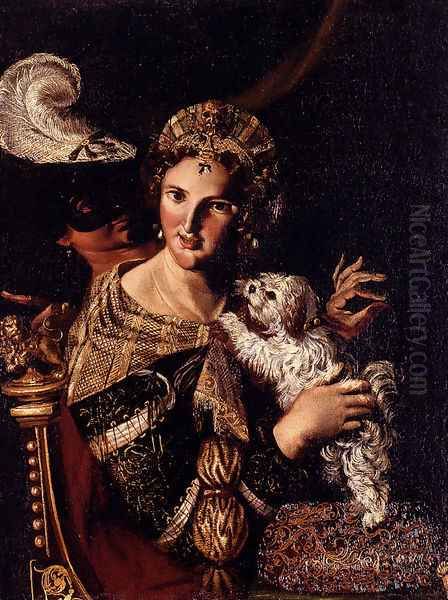 A Lady With Her Dog, An Allegory Oil Painting by Angelo Caroselli